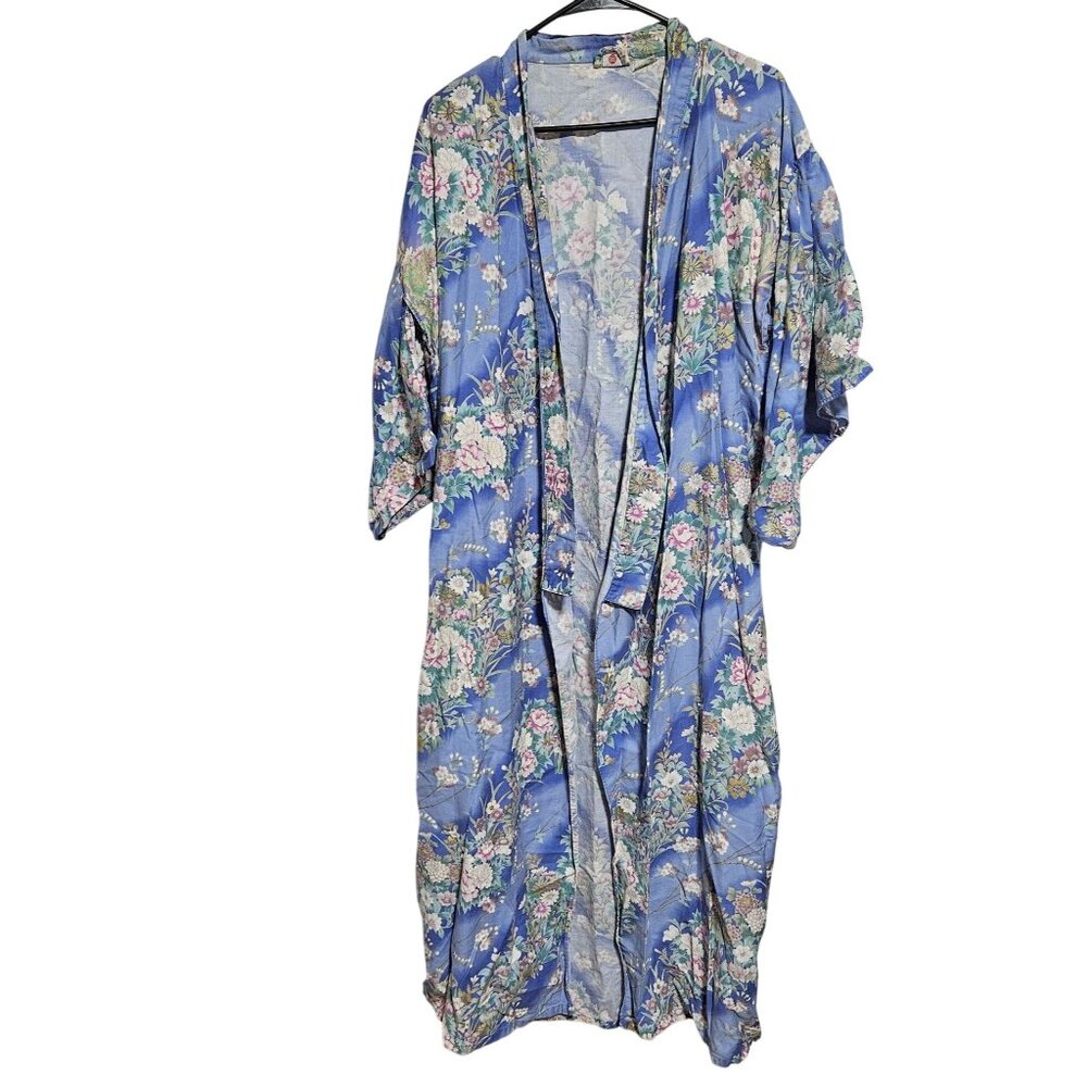 Vintage Japanese Floral Cotton Kimono Robe Blue Pink Tie Belt Made In Japan